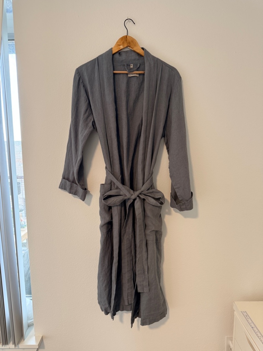 Lightweight Gray Women's Shawl-Collar 100% Linen Robe with Self-Tie Belt